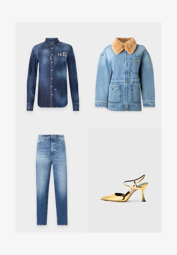 Lyseblå denimjakke med tan imiteret pelskrave, foran lynlås og tre påsyede lommer med knaplukning.; Denimskjorte i mørkeblå, med knap-ned design, bevaret slid, distressed detaljer og hvid "ICON" tekst på brystet.; Blå cowboybukser med høj talje, falmet vask, lukning med knapper og lynlås foran samt klassisk design med fem lommer.; Gyldne metalliske højhælede sko med spids tå, åben side, krydsede stropper omkring anklen og en unikt formet hæl.