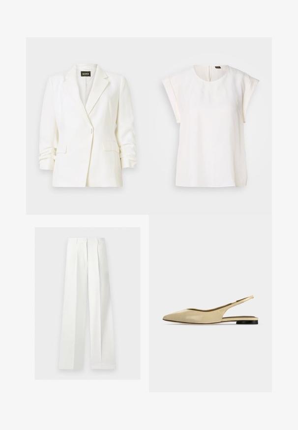 Blazer blanc sur mesure avec revers crantés, fermeture à un bouton, poches à rabat à l'avant et manches légèrement froncées, étiqueté BOSS.; Blouse blanche à manches courtes avec encolure ronde et coupe ample, avec une petite étiquette noire et orange au dos du col.; Pantalon blanc taille haute à jambes larges, confectionné, avec plis devant et fermeture éclair cachée.; Chaussure plate beige à bout pointu avec bride arrière, petit talon noir et finition en cuir lisse, vue de côté sur un fond uni.