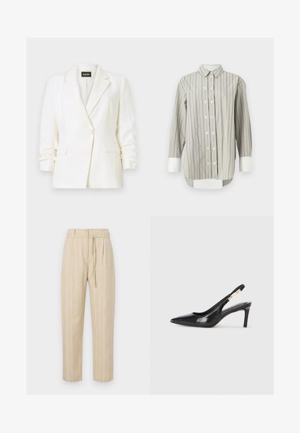 Hvid skræddersyet blazer med hak lapels, enkelt knaplukning, front lommer med klapper og let rynkede ærmer, mærket BOSS.; Stribet skjorte i grå og hvid, med klassisk krave, knaplukning med hvide knapper og kontrasterende hvide manchetter. Lange ærmer.; Beige stribede bukser med en afslappet pasform, der har en indsnævret talje, knaplukning og bælte med slipseanordning, lavet af letvægtsstof.; Sort læder slingback højhælede sko med spidse tæer, glat overflade og en smal ankelrem med guldfarvede hardware detaljer.