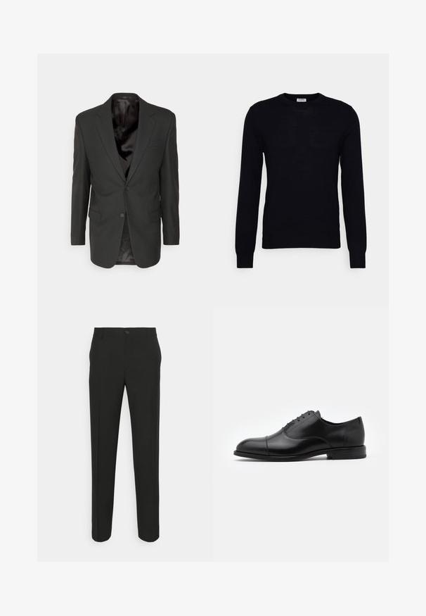 Filippa K CLASSIC - Sako - black; Čierny sveter s dlhým rukávom vyrobený z mäkkého pleteného materiálu. Okrúhly výstrih, rebrované manžety a lem. Minimalistický dizajn bez viditeľných vzorov alebo gombíkov.; Čierne úzke nohavice so rovno strihaným strihom, s jedným gombíkom na zapínanie a pútkami na opasok. Hladká, matná tkanina bez vzorov.; Čierne kožené šaty s guľatou špičkou, šnurovací dizajn a jemné švy. Obsahuje nízky podpätok a hladkú textúru.