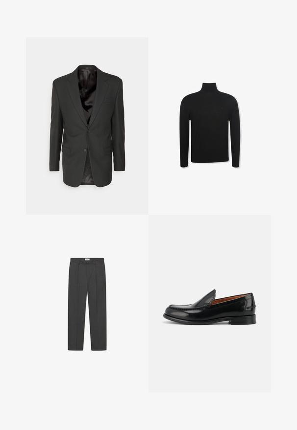 Filippa K CLASSIC - Chaqueta de traje - black; Jersey negro de cuello alto y manga larga con un ajuste entallado y un logo sutil en la zona izquierda del pecho, mostrado sobre fondo blanco.; Pantalones grises a medida con un sutil patrón de cuadro, tejido texturizado y pliegues delanteros, presentando una cinturilla con pasadores para cinturón.; Mocasín negro de cuero pulido, tipo slip-on, con tacón bajo y detalles cosidos a lo largo de la puntera y los costados, mostrado de lado.