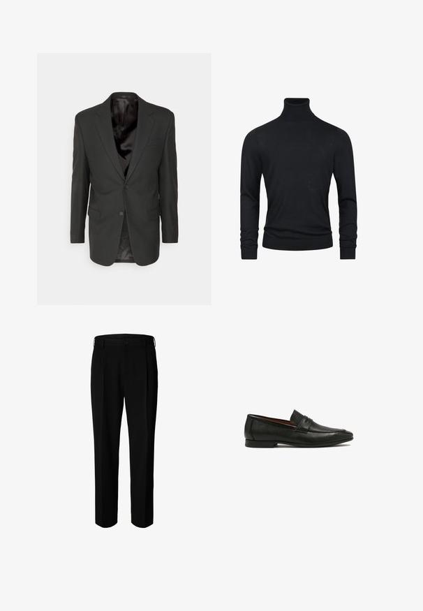 Filippa K CLASSIC - Sako - black; Čierny rolák s dlhými rukávmi, vyrobený z hladkej pleteniny, s rebrovanými manžetami a dolným okrajom pre priliehavý vzhľad.; Čierne formálne nohavice s pútkami na opasok, predným gombíkom a zipsom, zobrazené na bielom pozadí.; Čierne kožené mokasíny s textúrovaným povrchom, ozdobným remienkom a nízkou, plochou podrážkou. Elegantný dizajn so špicatou špičkou.