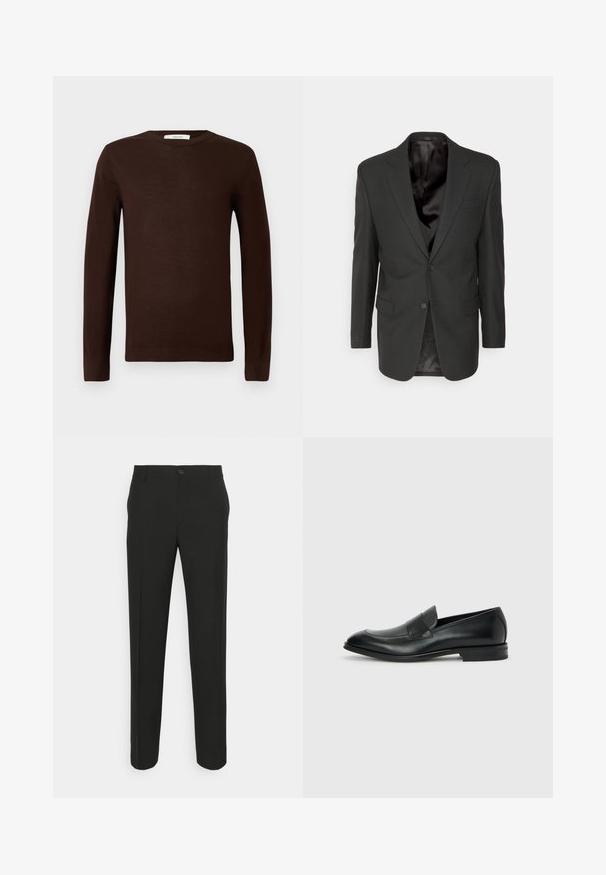 Filippa K CLASSIC - Chaqueta de traje - black; Jersey de manga larga de crew neck en marrón oscuro con puños y dobladillo acanalados, exhibido sobre un fondo blanco liso.; Pantalones negros ajustados con corte recto, que cuentan con un cierre de un solo botón y trabillas para cinturón. Tejido liso, mate y sin patrones.; Mocasín de hombre de cuero negro tipo penny con punta redondeada y tacón bajo, mostrado de perfil sobre un fondo neutro.
