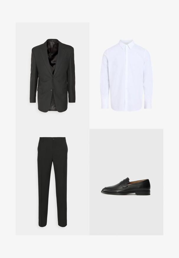 Filippa K CLASSIC - Jakkesæt blazere - black; Hvid, langærmet skjorte med knapper, klassisk krave, lavet af glat stof, med knapstolpe foran og afrundet kant.; Sorte skræddersyede bukser med lige snit, der har en enkelt knaplukning og bæltestropper. Glat, mat stof uden mønstre.; Sort læder loafer med rund tå, diskret syning, og lav hæl, der har en glat tekstur og minimalistisk design.