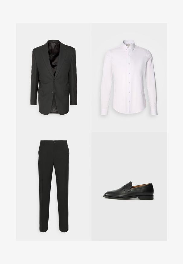 Filippa K CLASSIC - Sako - black; Biela košeľa s dlhým rukávom vyrobená z hladkej látky s gombíkovým golierom, vybavená plnou gombíkovou légou a zaobleným lemom.; Čierne úzke nohavice so rovno strihaným strihom, s jedným gombíkom na zapínanie a pútkami na opasok. Hladká, matná tkanina bez vzorov.; Čierne kožené mokasíny s okrúhlou špičkou, jemným prešitím a nízkym podpätkom, s hladkou textúrou a minimalistickým dizajnom.