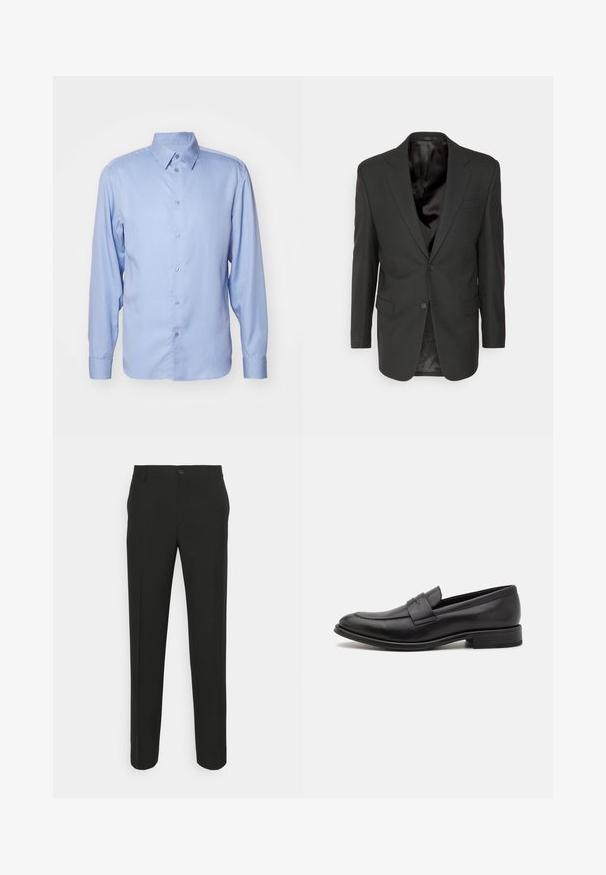 Filippa K CLASSIC - Chaqueta de traje - black; Camisa de manga larga de color azul claro, fabricada en tejido suave, con cuello clásico, botonera y un corte entallado con puños abotonados.; Pantalones negros ajustados con corte recto, que cuentan con un cierre de un solo botón y trabillas para cinturón. Tejido liso, mate y sin patrones.; Mocasín de cuero negro con un acabado suave, una tira decorativa en la parte superior, punta redondeada y un tacón bajo apilado.