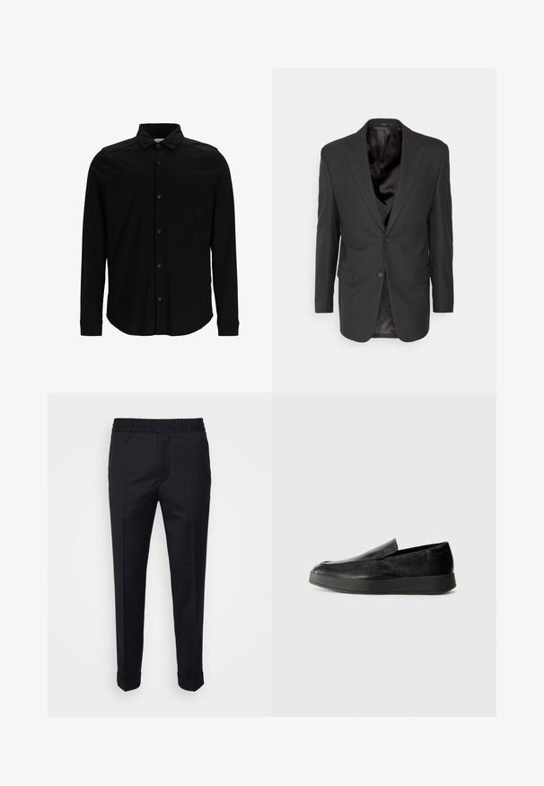 Filippa K CLASSIC - Sako - black; Čierna košeľa s dlhým rukávom z hladkej tkaniny, s predným zapínaním na gombíky, golierom a jemne vyšitým logom na hrudi.; Čierne nohavice vyrobené z ľahkej tkaniny, so elastickým pásom, bočnými vreckami a rolovanými manžetami. Hladká textura s prednými skladmi.; Calvin Klein HYBRID CUP - Našuchovačky - triple black