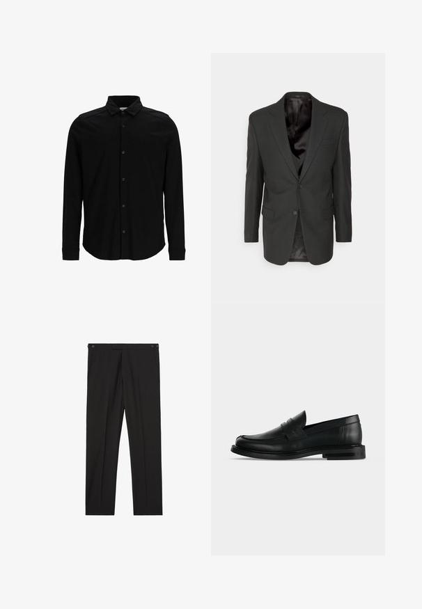 Filippa K CLASSIC - Sako - black; Čierna košeľa s dlhým rukávom z hladkej tkaniny, s predným zapínaním na gombíky, golierom a jemne vyšitým logom na hrudi.; Čierne nohavice so širokými nohavicami, bočnými vreckami a gombíkmi v páse, zobrazené na bielom pozadí.; Pánska čierna kožená penny loafer s nízkym vrstveným podpätkom a zaoblenou špičkou zobrazená z boku na svetlosivom pozadí.