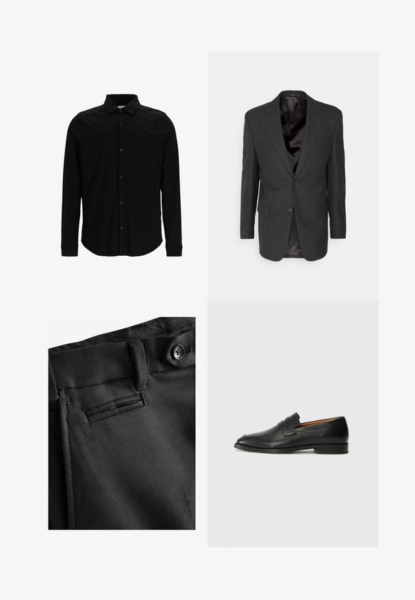 Filippa K CLASSIC - Sako - black; Čierna košeľa s dlhým rukávom z hladkej tkaniny, s predným zapínaním na gombíky, golierom a jemne vyšitým logom na hrudi.; Next REGULAR FIT SIGNATURE - Oblekové nohavice - black; Čierne kožené mokasíny s okrúhlou špičkou, jemným prešitím a nízkym podpätkom, s hladkou textúrou a minimalistickým dizajnom.