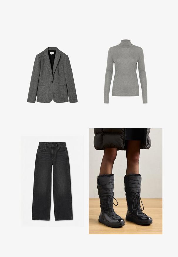 Grå uldblandet blazer med spids krave, enkelt knaplukning og to forlommer. Tekstureret stof med et subtilt mønster.; Grå langærmet turtleneck top lavet af et blødt materiale. Har en tætsiddende silhuet og en smal turtleneck-design.; Sorte jeans med brede ben, forrest knap og lynlås, bæltestropper og design med fem lommer på en ensfarvet hvid baggrund.; Knæhøje sorte pufferstøvler med fake fur kant, skinnende vandtæt overdel, tekstureret sål og justerbar snøre detaljer.