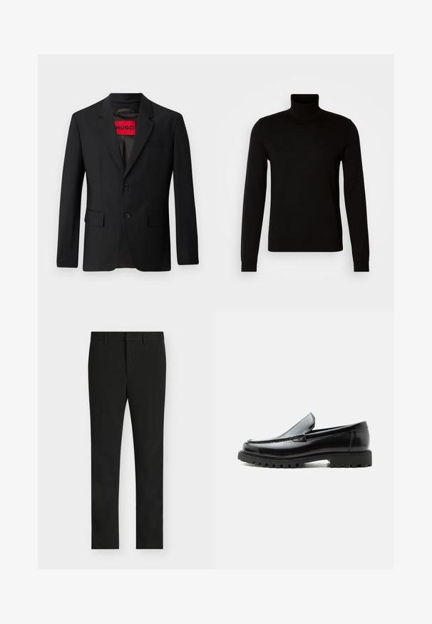 Blazer negro con dos botones, solapa de pico y bolsillos de solapa. Forrado con una etiqueta roja que dice "HUGO". Tejido suave con un ajuste a medida.; Suéter negro de cuello alto confeccionado en un tejido de punto fino, con mangas largas y una silueta ajustada. Textura suave con puños acanalados.; Pantalones de vestir ajustados negros con trabillas para cinturón, cremallera frontal y parte delantera plana, mostrados sobre un fondo gris claro.; Mocasín de cuero negro con suela de goma gruesa, empeine cosido y nombre de la marca en relieve en el talón, mostrado en perfil lateral sobre fondo blanco.