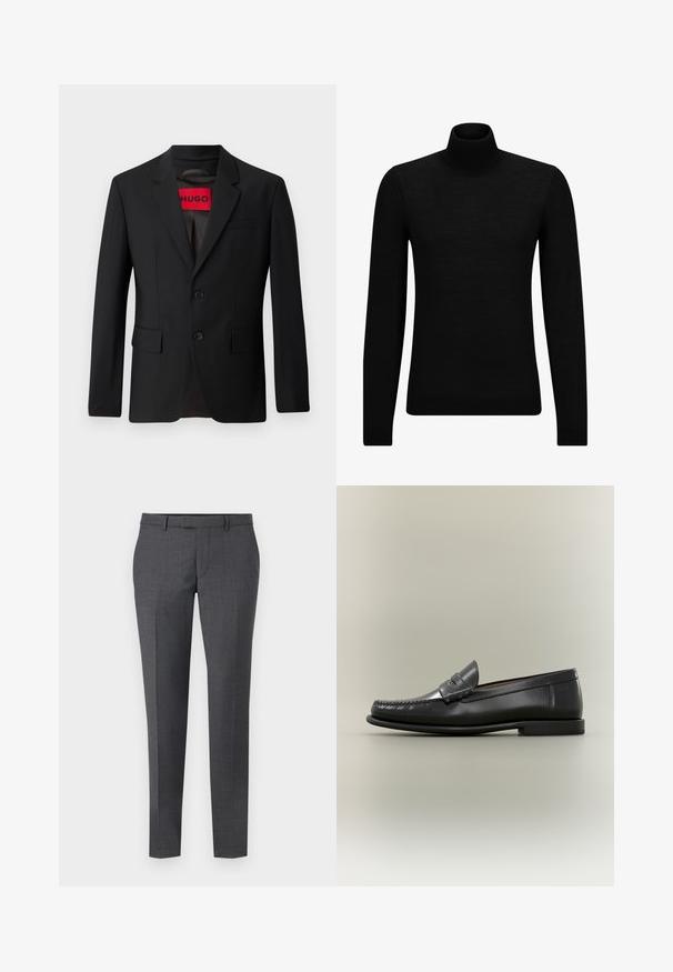 Sort blazer med to knapper, notch lapeller og klaplommer. Foret med en rød etiket med teksten "HUGO." Glat stof med en skræddersyet pasform.; Sort turtleneck sweater lavet af blødt materiale, med lange ærmer og en tætsiddende pasform. Ribbet trim ved kanten og manchetter. Simpelt design.; Grå skræddersyede bukser med en glat tekstur, lige pasform, flad front og bæltesløjfer. Har et subtilt ternet mønster og en kant ned foran.; Sort læder herresko med moc-toe-design, penny-rem og lav hæl på en neutral baggrund.