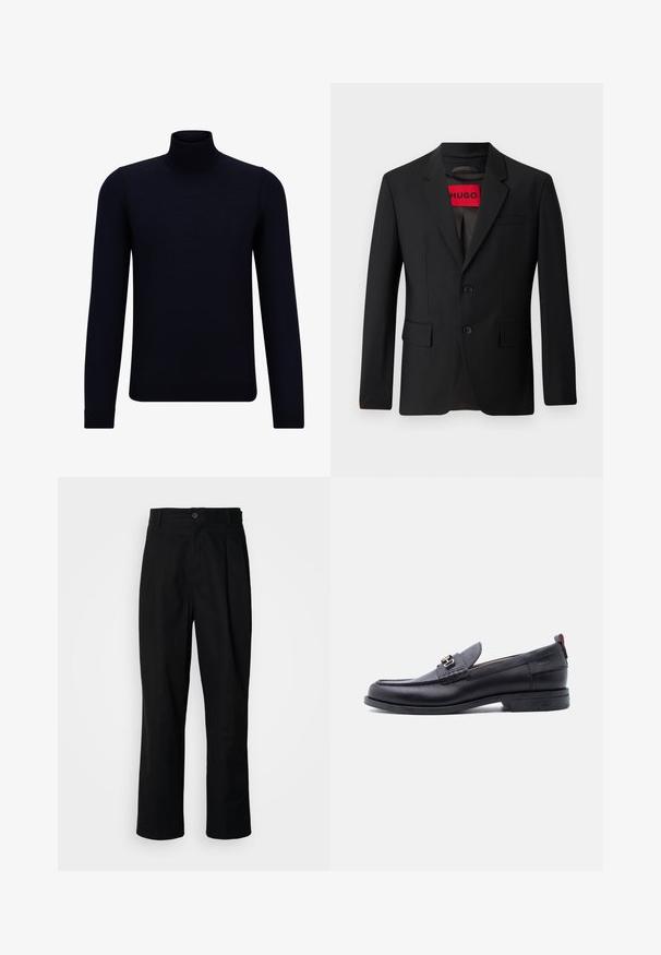 Zwarte blazer met twee knopen, notch revers en klepzakken. gevoerd met een rode label met "HUGO". Gladde stof met een getailleerde pasvorm.; Diep marineblauwe coltrui gemaakt van fijn breiwerk, met lange mouwen en een aansluitende, hoge halslijn. Geen zichtbare patronen of accenten.; Zwarte rechte broek met een knoopsluiting, lusjes voor een riem en een voornaad, gepresenteerd tegen een effen witte achtergrond.; Zwarte leren loafer met grijze, gestructureerde vamp, zilveren metalen gesp, lage hak en trekkoord aan de achterkant.