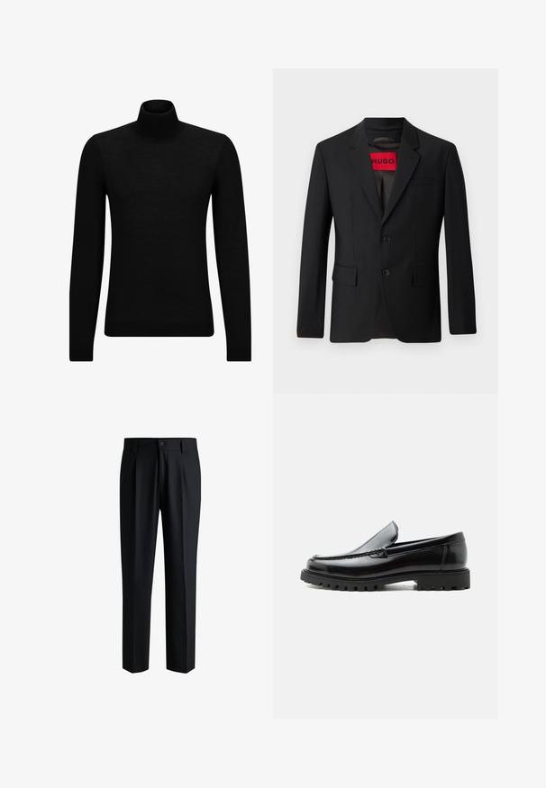 Zwarte blazer met twee knopen, notch revers en klepzakken. gevoerd met een rode label met "HUGO". Gladde stof met een getailleerde pasvorm.; Zwarte coltrui van zacht materiaal, met lange mouwen en een snug fit. Geribbelde afwerking aan de onderkant en mouwen. Eenvoudig ontwerp.; Zwarte broek van gladde stof, met een rechte pijpdesign, plooien aan de voorkant en een knoopsluiting met riemlussen.; Zwarte leren loafer met dikke rubberen zool, gestikte bovenkant en gegraveerde merknaam op de hiel, zijaanzicht op witte achtergrond.