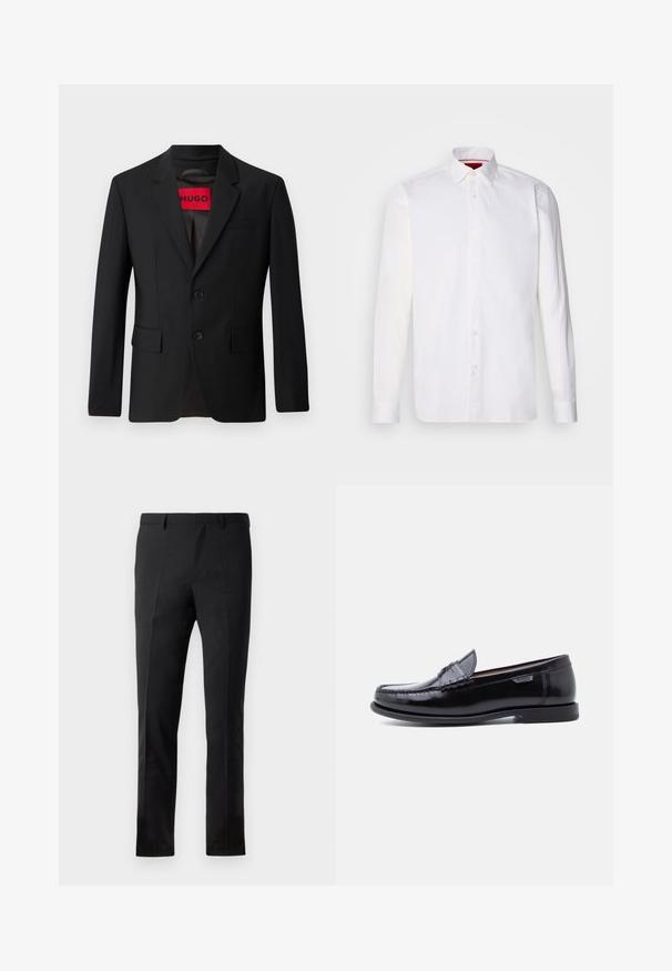 Blazer negro con dos botones, solapa de pico y bolsillos de solapa. Forrado con una etiqueta roja que dice "HUGO". Tejido suave con un ajuste a medida.; Camisa blanca de manga larga hecha de algodón, con un collar clásico, placket frontal con botones y una textura suave. Detalle interior del collar en rojo.; Pantalones negros con un corte ajustado, que presentan un frente plano, dos pliegues, pasadores para cinturón y una textura suave. Sin patrones ni accesorios visibles.; Mocasines de cuero negro con acabado brillante, que presentan un diseño cosido en la puntera y una suela baja de goma negra texturizada.