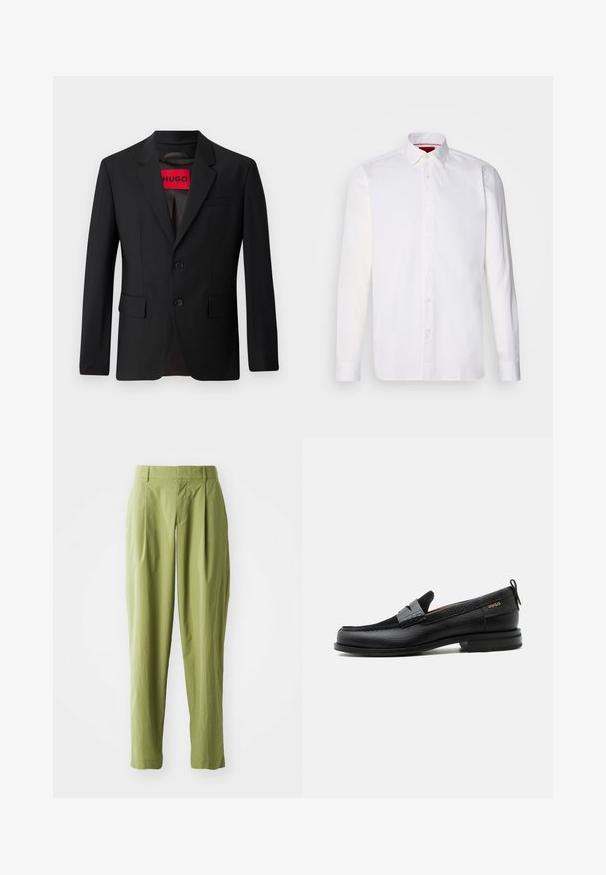 Schwarzer Blazer mit zwei Knöpfen, Reverskragen und Klapptaschen. Gefüttert mit einem roten Etikett mit der Aufschrift "HUGO". Glatte Stoffqualität mit taillierter Passform.; Weißes langärmliges Hemd aus Baumwolle mit klassischem Kragen, Knopfleiste vorne und glatter Textur. Rote Details im inneren Kragen.; Hellgrüne Hose aus einem strukturierten Stoff, mit geradem Schnitt, Falten an der Vorderseite und einem normalen Bund.; Schwarzer Lederloafer mit grauem Riemendetail, niedrigem Absatz und strukturierter Sohle, seitlich mit „HUGO“ in Gold gebrandmarkt.