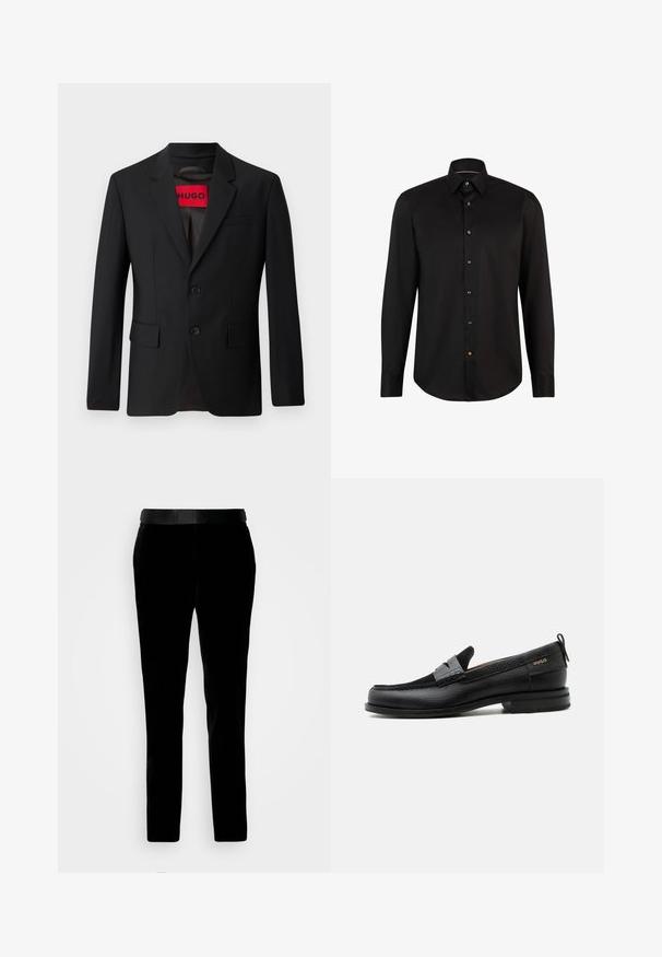 Zwarte blazer met twee knopen, notch revers en klepzakken. gevoerd met een rode label met "HUGO". Gladde stof met een getailleerde pasvorm.; Zwarte longsleeve shirt van gladde stof, met een knoopsluiting aan de voorkant met contrasterende knopen en een klassiek kraagontwerp.; Zwarte fluwelen broek met een getailleerde pasvorm, gladde textuur en een bijpassende tailleband. Heeft rechte pijpen en zijzakken.; Zwarte leren loafer met grijs riemdetailelement, lage hak en gestructureerde zool, aan de zijkant gebrandmerkt met "HUGO" in goud.