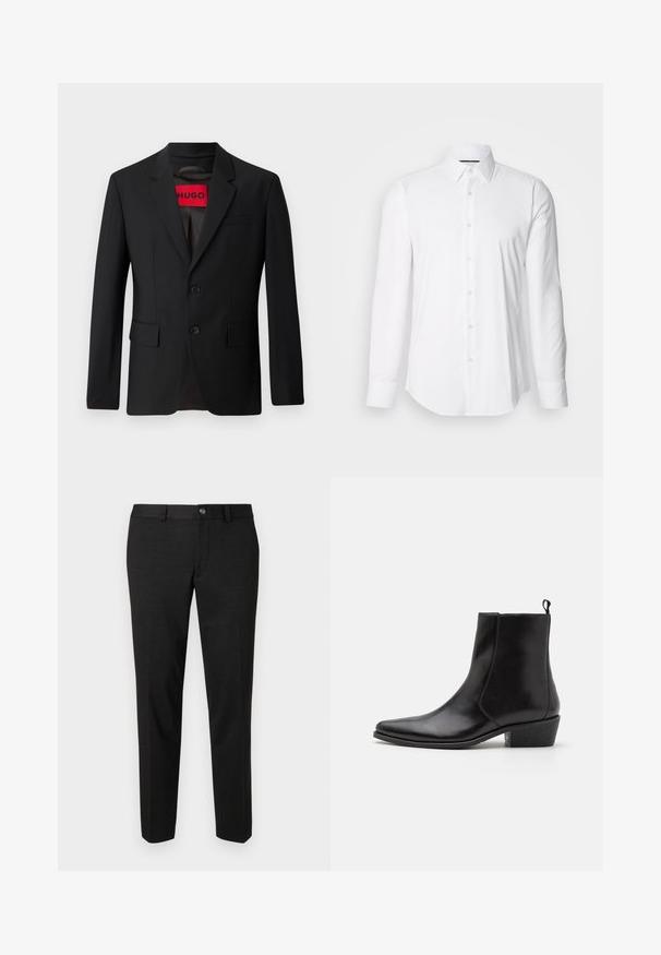 Zwarte blazer met twee knopen, notch revers en klepzakken. gevoerd met een rode label met "HUGO". Gladde stof met een getailleerde pasvorm.; Witte lange mouwen shirt van gladde stof, met een klassieke kraag en een knoopsluiting aan de voorkant met een gebogen zoom. Knopen hebben een subtiele glans.; Zwarte broeken gemaakt van een gladde stof. Ze hebben een rechte snit, een vlakke voorkant en een knoopsluiting met een eenvoudig taillebandontwerp.; Zign by Zalando LEATHER - Cowboy-/Bikerlaarsjes - black