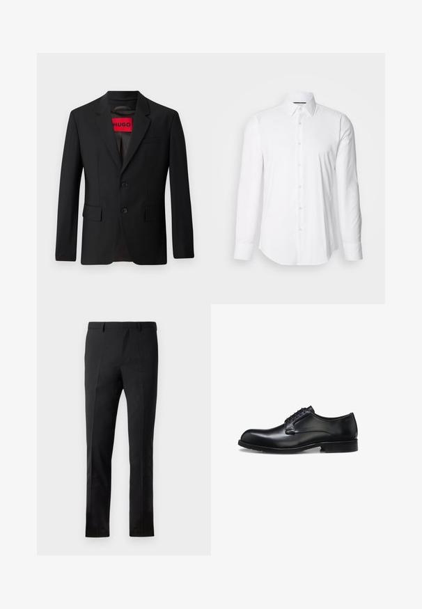 Blazer negro con dos botones, solapa de pico y bolsillos de solapa. Forrado con una etiqueta roja que dice "HUGO". Tejido suave con un ajuste a medida.; Camisa blanca de manga larga hecha de tejido suave, con un cuello clásico y diseño de botones en la parte delantera, con un dobladillo curved. Los botones tienen un acabado ligeramente brillante.; Pantalones negros con un corte ajustado, que presentan un frente plano, dos pliegues, pasadores para cinturón y una textura suave. Sin patrones ni accesorios visibles.; Zapato de vestir para hombre de cuero negro pulido con cordones cerrados, tacón bajo y detalle sutil de marca cerca del talón sobre un fondo blanco.