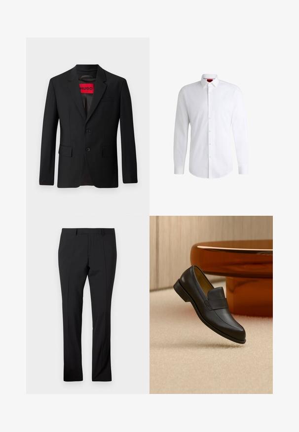 Zwarte blazer met twee knopen, notch revers en klepzakken. gevoerd met een rode label met "HUGO". Gladde stof met een getailleerde pasvorm.; Witte overhemden van soepel materiaal met een klassieke kraag, lange mouwen en een afgeronde zoom. Voorzien van beige knopen aan de voorkant.; Zwarte op maat gemaakte broeken met riemlussen, een voorkreuk en een rechte pijp op een effen witte achtergrond.; Zwarte leren loafer met lage hak zwevend boven een beige tapijt dichtbij een ronde bruine tafel.