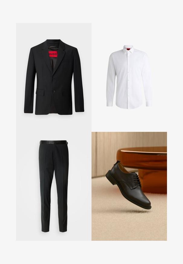 Čierny blazer s dvomi gombíkmi, vypuklými klopami a vreckami s chlopňami. Podšitý červenou nálepkou s nápisom "HUGO". Hladká tkanina s prispôsobeným strihom.; Biela košeľa na gombíky vyrobená z hladkej látky s klasickým golierom, dlhými rukávmi a zaobleným lemom. Má béžové gombíky na prednej strane.; Čierne prispôsobené nohavice s hladkou textúrou, majúce plochý predný diel, jemné záhyby a tenký čierny opasok.; Čierna kožená pánska spoločenská topánka na šnurovanie levitujúca nad béžovým koberecom, s hnedým okrúhlym konferenčným stolíkom v pozadí.