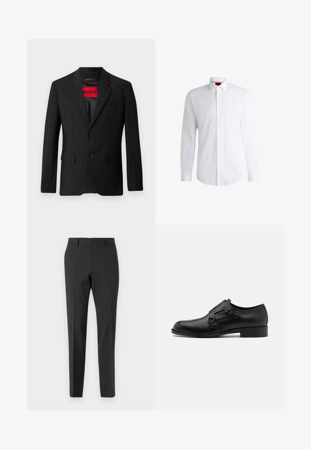 Blazer noir avec deux boutons, revers crantés et poches à rabat. Doublé avec une étiquette rouge portant l'inscription "HUGO". Tissu lisse avec une coupe ajustée.; Chemise blanche à manches longues en tissu lisse avec un col classique et un ourlet arrondi. Présente des boutons beiges à l'avant.; Pantalons tailleur gris foncé avec une texture lisse, coupe slim, devant plat et passants de ceinture, conçus pour une tenue formelle ou professionnelle.; Chaussure habillée en cuir noir avec double boucle, silhouette élégante et bout rond. Dispose d'un petit talon et d'une texture lisse.