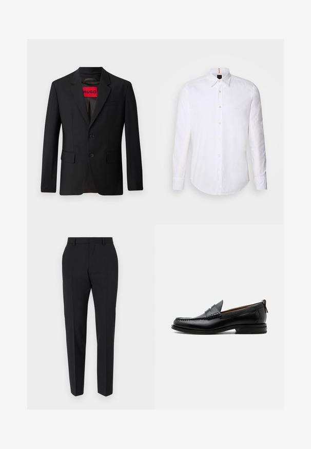 Blazer negro con dos botones, solapa de pico y bolsillos de solapa. Forrado con una etiqueta roja que dice "HUGO". Tejido suave con un ajuste a medida.; Camisa blanca de manga larga y corte clásico, hecha de algodón, que presenta un cuello clásico, un logo sutil cerca del pecho y botones blancos.; Pantalones negros con un diseño a medida, con frente plano, detalles de pliegue y un corte ajustado. Fabricados con una tela suave para un aspecto refinado.; Mocasín de hombre de piel negra con costura moc toe, tira penny, cuello texturizado y tacón bajo apilado sobre fondo blanco.