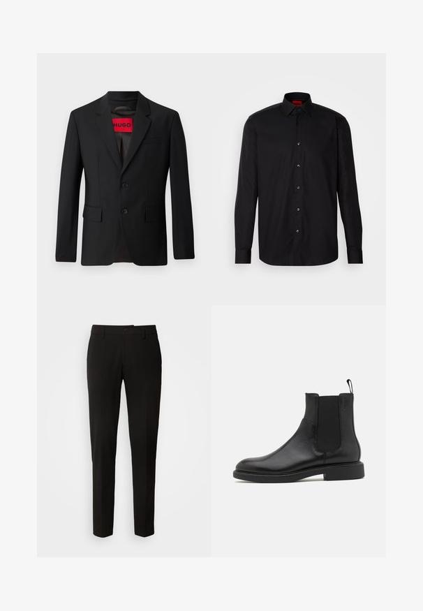 Sort blazer med to knapper, notch lapeller og klaplommer. Foret med en rød etiket med teksten "HUGO." Glat stof med en skræddersyet pasform.; Sort langermet skjorte lavet af glat stof, med en klassisk krave, knaplukning foran og skræddersyet pasform.; Sorte bukser med lige ben design, der har knaplukning, bæltestropper og en glat stofstruktur. Ingen synlige mønstre eller accenter.; Sort læder ankelstøvle med glat overflade, elastiske sidepaneler og en trækstrop. Rund tå og flad gummisål med minimal mønster.