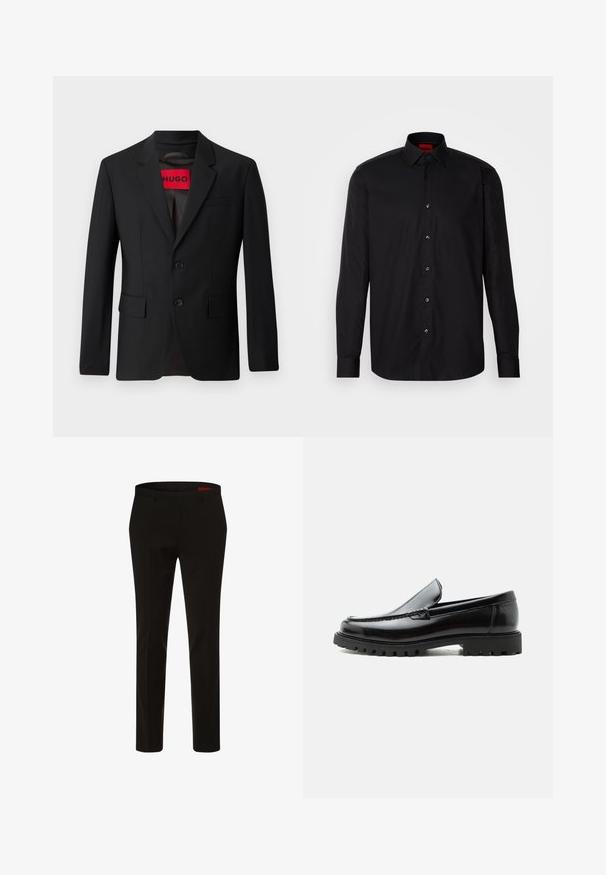 Čierny blazer s dvomi gombíkmi, vypuklými klopami a vreckami s chlopňami. Podšitý červenou nálepkou s nápisom "HUGO". Hladká tkanina s prispôsobeným strihom.; Čierna košeľa s dlhým rukávom vyrobená z hladkej tkaniny, s klasickým golierom, predným zapínaním na gombíky a prispôsobeným strihom.; HUGO Oblekové nohavice - schwarz; Čierny kožený mokasín s hrubou gumovou podrážkou, prešitý zvršok a vyrazeným názvom značky na päte, zobrazený z bočného profilu na bielom pozadí.