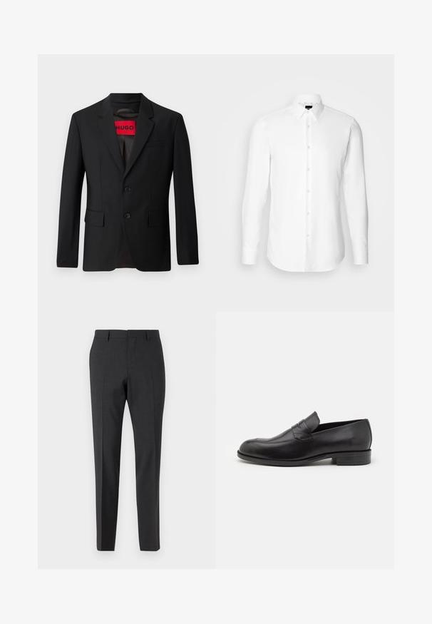 Sort blazer med to knapper, notch lapeller og klaplommer. Foret med en rød etiket med teksten "HUGO." Glat stof med en skræddersyet pasform.; Hvid skjorte med lange ærmer, knaplukning foran, klassisk krave, lavet af glat stof med en subtil tekstur, designet til et tætsiddende udseende.; Mørkegrå skræddersyede bukser med en glat tekstur, slim fit, flad front og bæltestropper, designet til formelt eller forretningsmæssigt tøj.; Sorte læder loafers med rund tå og subtile syninger. Glat tekstur og lav hæl med branding på bagsiden.