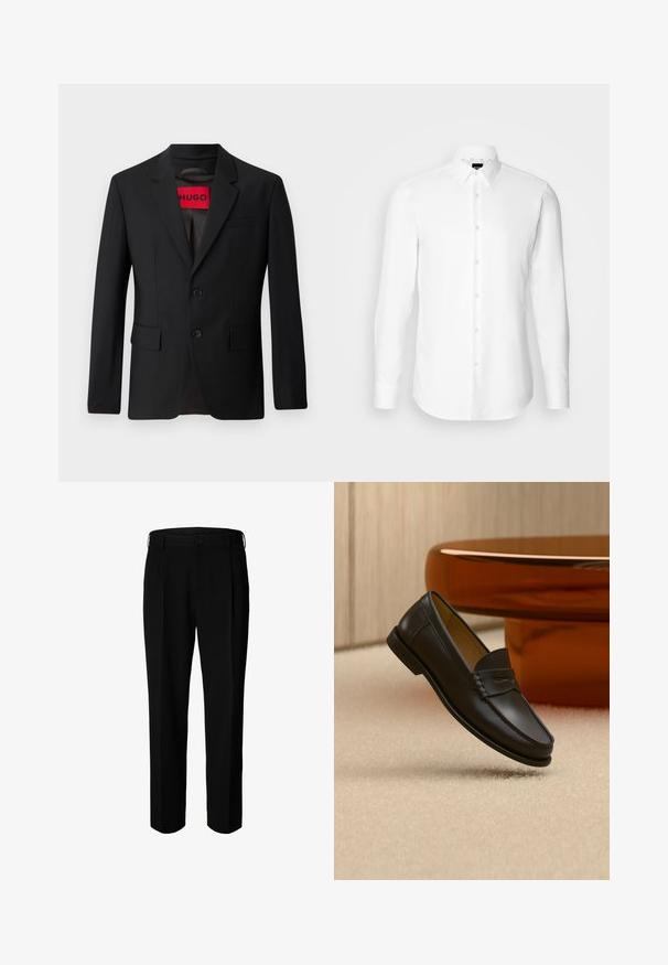 Čierny blazer s dvomi gombíkmi, vypuklými klopami a vreckami s chlopňami. Podšitý červenou nálepkou s nápisom "HUGO". Hladká tkanina s prispôsobeným strihom.; Biela košeľa s dlhým rukávom, zapínanie na gombíky, klasický golier, vyrobená z hladkej látky s jemnou textúrou, navrhnutá pre priliehavý vzhľad.; Čierne formálne nohavice s pútkami na opasok, predným gombíkom a zipsom, zobrazené na bielom pozadí.; Čierny kožený mokasín zavesený nad béžovým kobercom s moderným nábytkom farby jantáru v pozadí.