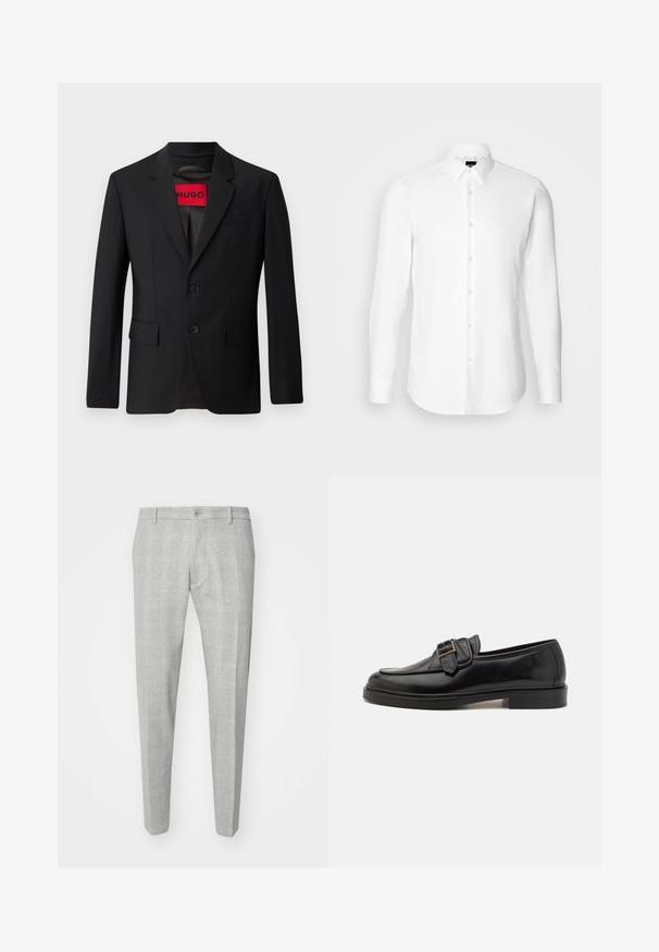 Sort blazer med to knapper, notch lapeller og klaplommer. Foret med en rød etiket med teksten "HUGO." Glat stof med en skræddersyet pasform.; Hvid skjorte med lange ærmer, knaplukning foran, klassisk krave, lavet af glat stof med en subtil tekstur, designet til et tætsiddende udseende.; Gråternede bukser med en skræddersyet pasform, der har flad front, en enkelt knaplukning og bæltestropper. Fremstillet af et glat stof.; Sorte læder loafers med rund tå og en dekorativ spændeaccent. Flad, solid hæl og glat tekstur hele vejen igennem.