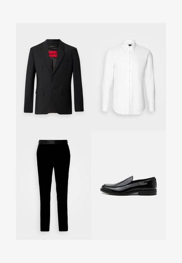 Schwarzer Blazer mit zwei Knöpfen, Reverskragen und Klapptaschen. Gefüttert mit einem roten Etikett mit der Aufschrift "HUGO". Glatte Stoffqualität mit taillierter Passform.; Weißes Langarmhemd, vorne mit Knöpfen, klassischer Kragen, aus glattem Stoff mit feiner Textur, für eine figurnahe Passform entworfen.; Schwarze Samthosen mit tailliertem Schnitt, glatter Textur und passendem Bund. Verfügt über gerade Beine und Seitentaschen.; Schwarzer glänzender Lederslipper mit niedrigem Absatz und abgerundeter Spitze, seitlich auf weißem Hintergrund betrachtet.