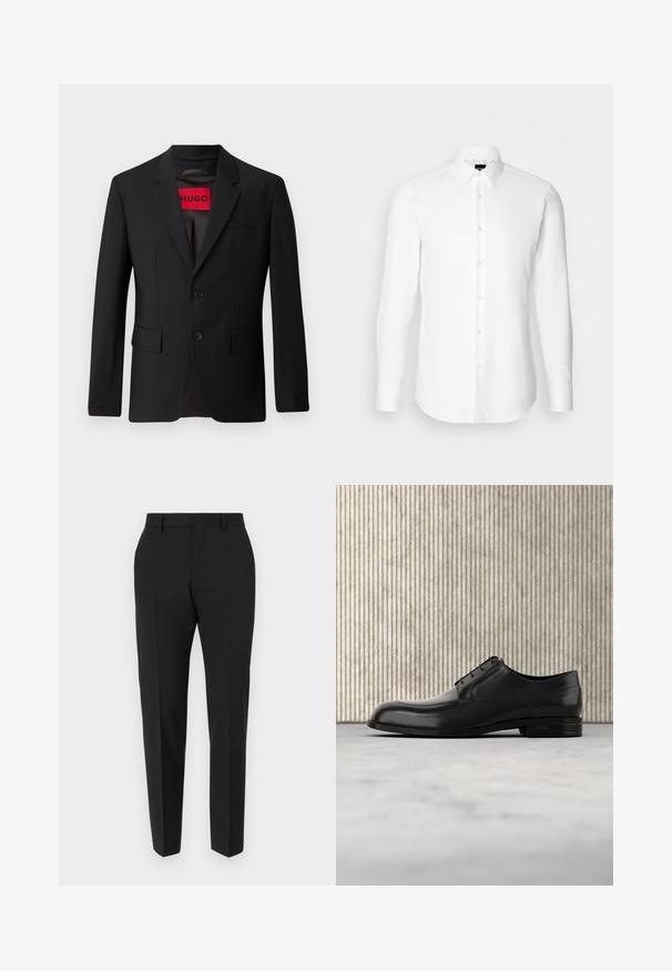 Blazer noir avec deux boutons, revers crantés et poches à rabat. Doublé avec une étiquette rouge portant l'inscription "HUGO". Tissu lisse avec une coupe ajustée.; Chemise blanche à manches longues, boutonnée sur le devant, col classique, fabriquée en tissu lisse avec une texture subtile, conçue pour une coupe ajustée.; Pantalons noirs au design ajusté, avec un devant plat, des détails de plis et une coupe élégante. Fabriqués en tissu lisse pour un look raffiné.; Chaussure de ville en cuir noir avec un bout arrondi, texture lisse, coutures minimales et une semelle plate avec un branding discret au niveau du talon.
