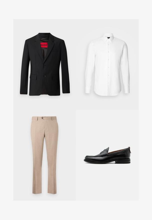 Blazer negro con dos botones, solapa de pico y bolsillos de solapa. Forrado con una etiqueta roja que dice "HUGO". Tejido suave con un ajuste a medida.; Camisa blanca de manga larga, con cierre de botones en el frente, cuello clásico, confeccionada con una tela suave con una textura sutil, diseñada para un ajuste entallado.; Pantalones beiges hechos de una tela ligera, con un corte recto, cierre de un solo botón y dos bolsillos frontales.; Mocasín de hombre de piel negra con costura moc toe, tira penny, cuello texturizado y tacón bajo apilado sobre fondo blanco.