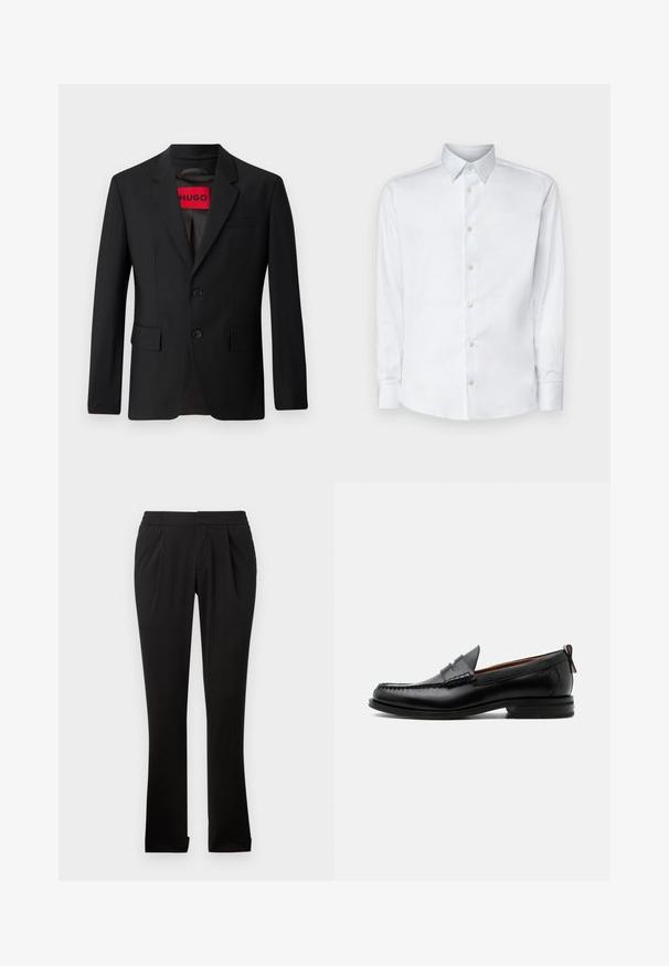 Blazer negro con dos botones, solapa de pico y bolsillos de solapa. Forrado con una etiqueta roja que dice "HUGO". Tejido suave con un ajuste a medida.; Camisa blanca de manga larga hecha de tela suave, con un cuello clásico, tapeta de botones y puños con botones, presentada sobre un fondo liso.; Pantalones negros de tela suave con cinturilla elástica, perneras rectas, pliegues frontales y dobladillos vueltos. Diseño sencillo y versátil.; Mocasín de hombre de piel negra con costura moc toe, tira penny, cuello texturizado y tacón bajo apilado sobre fondo blanco.