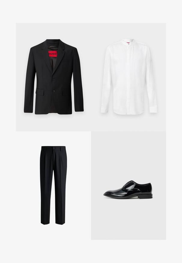 Blazer noir avec deux boutons, revers crantés et poches à rabat. Doublé avec une étiquette rouge portant l'inscription "HUGO". Tissu lisse avec une coupe ajustée.; Chemise blanche à manches longues avec col officier et patte de boutonnage cachée, présentée sur un fond clair uni.; Pantalons noirs en tissu lisse, avec une coupe droite, des plis à l'avant et une fermeture à bouton avec passants de ceinture.; Chaussure habillée en cuir verni noir avec un design épuré, bout pointu et six œillets pour les lacets ; surface lisse et talon bas.