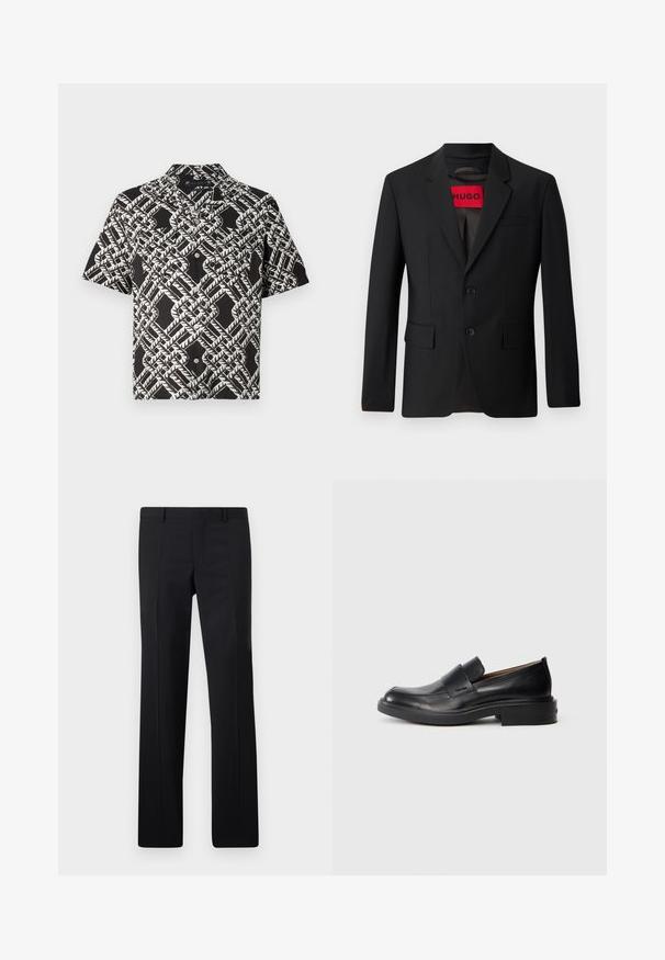 Schwarzer Blazer mit zwei Knöpfen, Reverskragen und Klapptaschen. Gefüttert mit einem roten Etikett mit der Aufschrift "HUGO". Glatte Stoffqualität mit taillierter Passform.; Schwarz kurzärmliges Hemd mit Knopfleiste, das ein weißes abstraktes geometrisches Blattmuster und zwei Brusttaschen aufweist.; Schwarze maßgeschneiderte Hose mit geradem Schnitt, scharfen Falten und glatter Oberfläche. Hergestellt aus leichtem Stoff mit einem sauberen Bund.; Schwarze Leder-Pantoletten mit niedrigem Absatz und dezentem Calvin Klein-Logo an der Seite, im Profil vor einem weißen Hintergrund dargestellt.