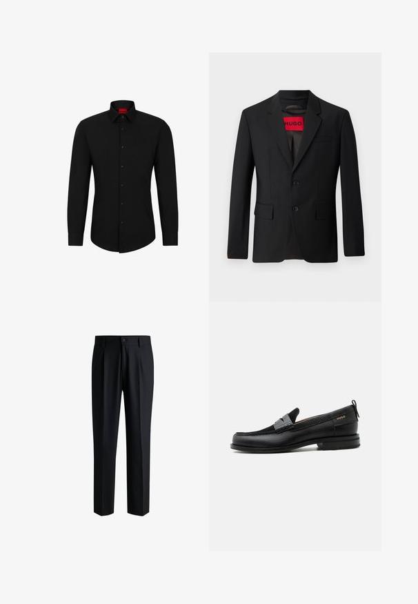 Čierny blazer s dvomi gombíkmi, vypuklými klopami a vreckami s chlopňami. Podšitý červenou nálepkou s nápisom "HUGO". Hladká tkanina s prispôsobeným strihom.; Čierna košeľa s dlhým rukávom a zapínaním na gombíky, klasickým golierom a zaobleným lemom; obsahuje čierne gombíky a červené logo vo vnútri goliera.; Čierne nohavice vyrobené z hladkej tkaniny, s rovnými nohavicami, záhybmi vpredu a zapínaním na gombík s pútkami na opasok.; Čierny kožený mokasín so sivým remienkom, nízkym podpätkom a textúrovanou podrážkou, so značkou "HUGO" v zlatej farbe na boku.