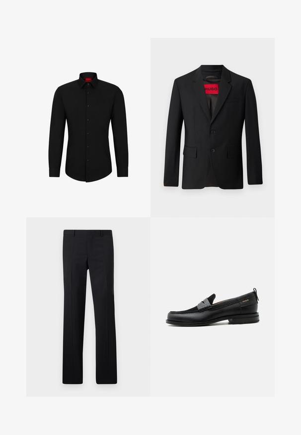 Čierny blazer s dvomi gombíkmi, vypuklými klopami a vreckami s chlopňami. Podšitý červenou nálepkou s nápisom "HUGO". Hladká tkanina s prispôsobeným strihom.; Čierna košeľa s dlhým rukávom a zapínaním na gombíky, klasickým golierom a zaobleným lemom; obsahuje čierne gombíky a červené logo vo vnútri goliera.; Čierne nohavice s nasadením, ktoré majú rovný strih, ostré záhyby a hladký povrch. Vyrobené z ľahkého materiálu s čistým pásom.; Čierny kožený mokasín so sivým remienkom, nízkym podpätkom a textúrovanou podrážkou, so značkou "HUGO" v zlatej farbe na boku.