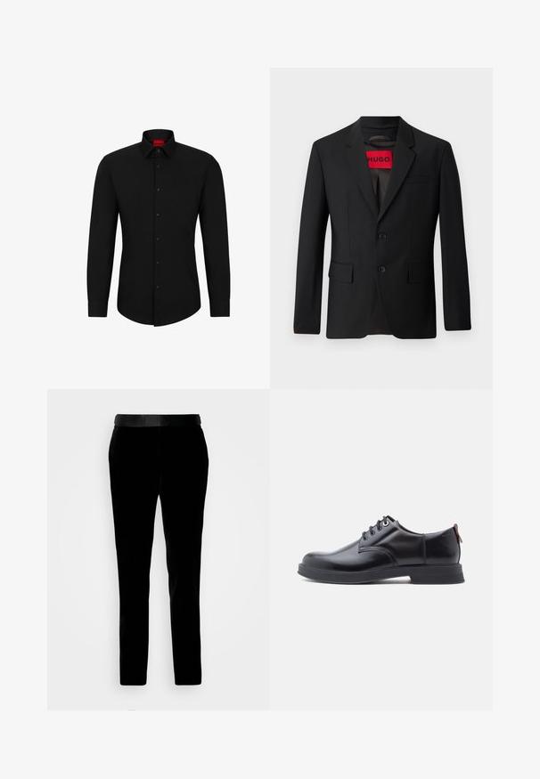 Čierny blazer s dvomi gombíkmi, vypuklými klopami a vreckami s chlopňami. Podšitý červenou nálepkou s nápisom "HUGO". Hladká tkanina s prispôsobeným strihom.; Čierna košeľa s dlhým rukávom a zapínaním na gombíky, klasickým golierom a zaobleným lemom; obsahuje čierne gombíky a červené logo vo vnútri goliera.; Čierne zamatové nohavice s upraveným strihom, hladkou textúrou a zodpovedajúcim pásom. Obsahujú rovné nohy a bočné vrecká.; Čierne kožené šnurovacie topánky s hladkou textúrou, zaoblenou špičkou a jemnými švami. Na päte je červené sťahovacie očko.