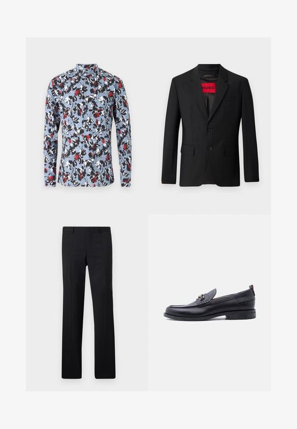 Sort blazer med to knapper, notch lapeller og klaplommer. Foret med en rød etiket med teksten "HUGO." Glat stof med en skræddersyet pasform.; Lynlange skjorte med knapper i lyseblå med et blomstermønster i rød, sort og hvid. Har en krave og frontknaplukning.; Sorte skræddersyede bukser med et lige ben design, skarpe folder og en glat overflade. Fremstillet af letvægtsstof med en ren talje.; Sort lædermokasin med grå tekstureret forfod, sølvfarvet metalspænde, lav hæl og trækflap bagpå.