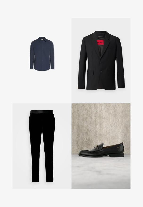 Schwarzer Blazer mit zwei Knöpfen, Reverskragen und Klapptaschen. Gefüttert mit einem roten Etikett mit der Aufschrift "HUGO". Glatte Stoffqualität mit taillierter Passform.; Marineblaues Hemd mit langen Ärmeln, Knöpfen, Kragen und Manschetten, mit einem Calvin Klein Etikett im Kragen.; Schwarze Samthosen mit tailliertem Schnitt, glatter Textur und passendem Bund. Verfügt über gerade Beine und Seitentaschen.; Schwarzer Lederloafer mit goldfarbenem Metallbit und "HUGO"-Markenlogo, präsentiert vor einem beigen Teppich und braunen durchsichtigen Möbelstücken.