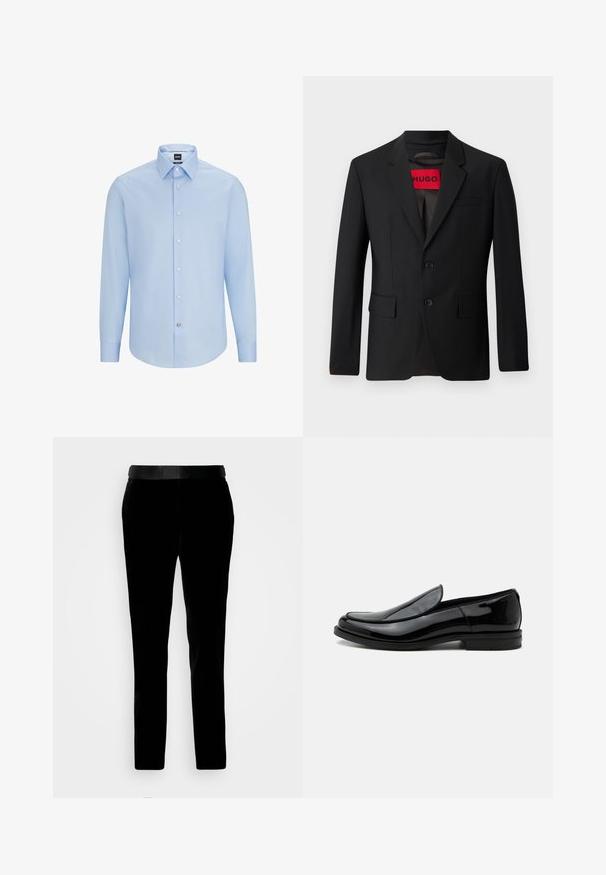 Zwarte blazer met twee knopen, notch revers en klepzakken. gevoerd met een rode label met "HUGO". Gladde stof met een getailleerde pasvorm.; Lichtblauwe, langslijpende overhemD met klassieke kraag, gemaakt van een soepele stof. Voorzien van witte knopen aan de voorkant en cuffs.; Zwarte fluwelen broek met een getailleerde pasvorm, gladde textuur en een bijpassende tailleband. Heeft rechte pijpen en zijzakken.; Zwarte glanzende leren instapschoenen met lage hak en afgeronde neus, zijaanzicht op een witte achtergrond.