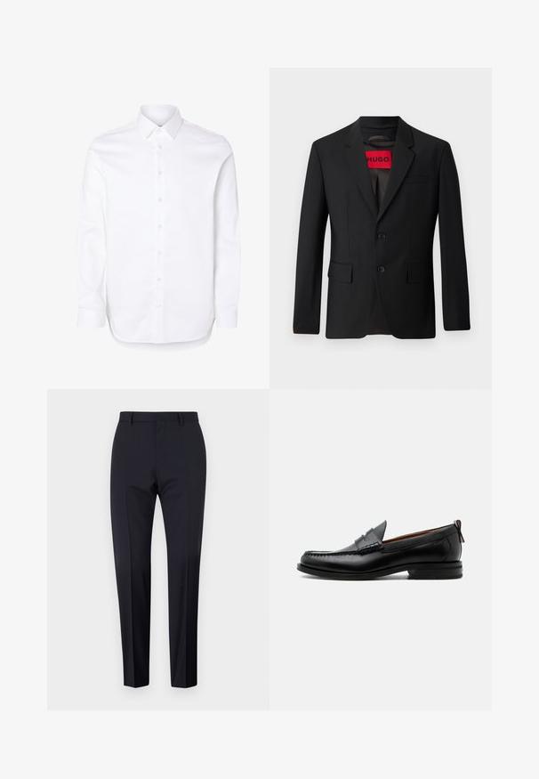 Schwarzer Blazer mit zwei Knöpfen, Reverskragen und Klapptaschen. Gefüttert mit einem roten Etikett mit der Aufschrift "HUGO". Glatte Stoffqualität mit taillierter Passform.; Weißes Hemd mit langen Ärmeln, klassischem Kragen und geknöpften Manschetten.; Marineblaue maßgeschneiderte Hosen, mit flachem Frontschnitt, slim fit, mit Gürtelschlaufen und Seitentaschen. Glattes Material mit einem klaren Finish, ohne sichtbare Muster oder Akzente.; Schwarzer Leder-Herrenschuh mit Mokassinnaht, Penny-Riemen, strukturiertem Kragen und niedrigem gestapeltem Absatz auf weißem Hintergrund.
