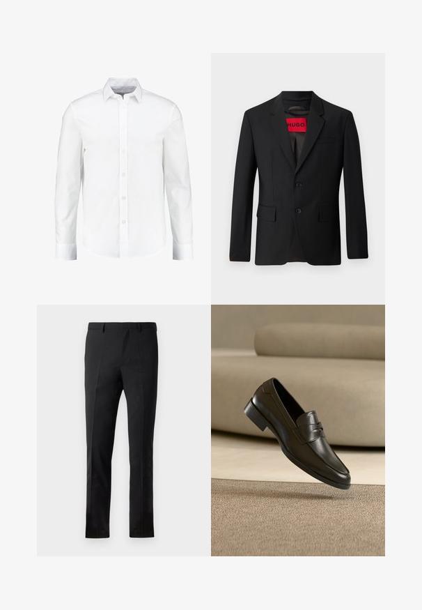 Blazer noir avec deux boutons, revers crantés et poches à rabat. Doublé avec une étiquette rouge portant l'inscription "HUGO". Tissu lisse avec une coupe ajustée.; Chemise blanche à manches longues à boutons, fabriquée en coton lisse. Dotée d'un col classique et d'une fermeture à boutons à l'avant avec un ourlet droit.; Pantalons noirs à coupe ajustée, avec un devant plat, deux plis, des passants de ceinture et une texture lisse. Aucune motif ou métal visible.; Mocassin en cuir noir flottant au-dessus d'un tapis beige avec un canapé beige en arrière-plan, mettant en valeur le design classique pour hommes sans lacets.