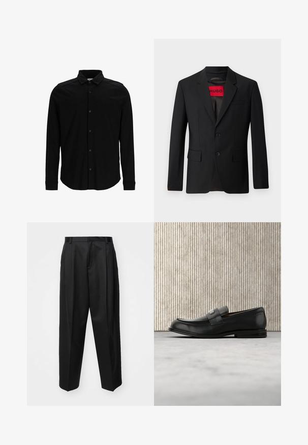 Čierny blazer s dvomi gombíkmi, vypuklými klopami a vreckami s chlopňami. Podšitý červenou nálepkou s nápisom "HUGO". Hladká tkanina s prispôsobeným strihom.; Čierna košeľa s dlhým rukávom z hladkej tkaniny, s predným zapínaním na gombíky, golierom a jemne vyšitým logom na hrudi.; Čierne stiahnuté nohavice s vysokým pásom, širokými nohavicami a ostrými záhybmi. Vyrobené z hladkej látky s pútkami na opasok a bez viditeľných kovových prvkov.; Čierny kožený loafer s kovovou značkovou platničkou ležiaci pri hnedom okrúhlom stole na béžovej koberci.
