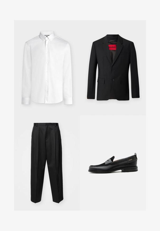 Blazer negro con dos botones, solapa de pico y bolsillos de solapa. Forrado con una etiqueta roja que dice "HUGO". Tejido suave con un ajuste a medida.; Camisa blanca de manga larga con botones, cuello abotonado y puños estándar, mostrada sobre un fondo liso de color gris claro.; Pantalones negros ajustados con cintura alta, perneras anchas y pliegues marcados. Fabricados en un tejido suave con trabillas para el cinturón y sin hardware visible.; Mocasín de cuero negro con detalle de tira gris, tacón bajo y suela texturizada, con la marca "HUGO" en oro en el lateral.