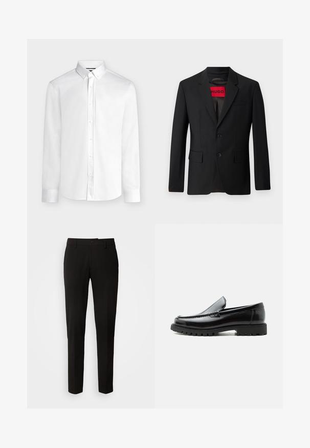 Schwarzer Blazer mit zwei Knöpfen, Reverskragen und Klapptaschen. Gefüttert mit einem roten Etikett mit der Aufschrift "HUGO". Glatte Stoffqualität mit taillierter Passform.; Weißes langärmeliges Hemd mit Knopfleiste, einem geknöpften Kragen und Standardmanschetten, dargestellt auf einem einfarbigen hellgrauen Hintergrund.; Schwarze Hose mit geradem Beinschnitt, ausgestattet mit einem Knopfverschluss, Gürtelschlaufen und glattem Stoff. Keine sichtbaren Muster oder Akzente.; Schwarzer Lederloafer mit grober Gummisohle, genähter Oberseite und geprägtem Markennamen an der Ferse, seitlich auf weißem Hintergrund gezeigt.