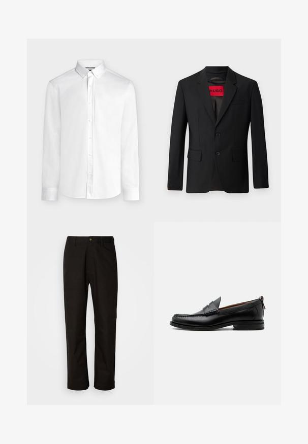 Blazer negro con dos botones, solapa de pico y bolsillos de solapa. Forrado con una etiqueta roja que dice "HUGO". Tejido suave con un ajuste a medida.; Camisa blanca de manga larga con botones, cuello abotonado y puños estándar, mostrada sobre un fondo liso de color gris claro.; Pantalones de algodón negros con corte recto, presillas para el cinturón, cremallera frontal y un solo botón de cierre. Textura suave sin patrones visibles.; Mocasín de hombre de piel negra con costura moc toe, tira penny, cuello texturizado y tacón bajo apilado sobre fondo blanco.